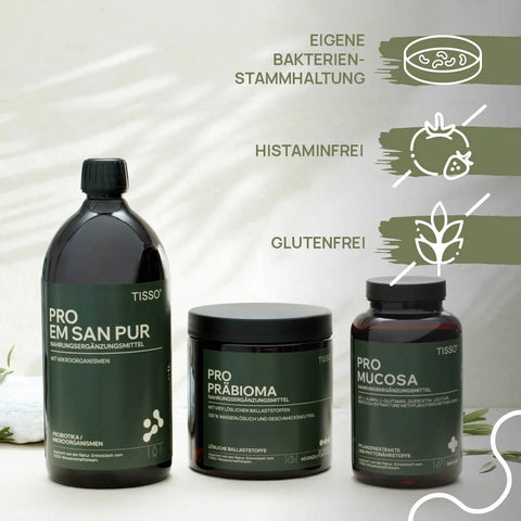 Pro EM san pur, Pro Präbioma, and Pro Mucosa; Features: proprietary bacterial strains, histamine-free, gluten-free