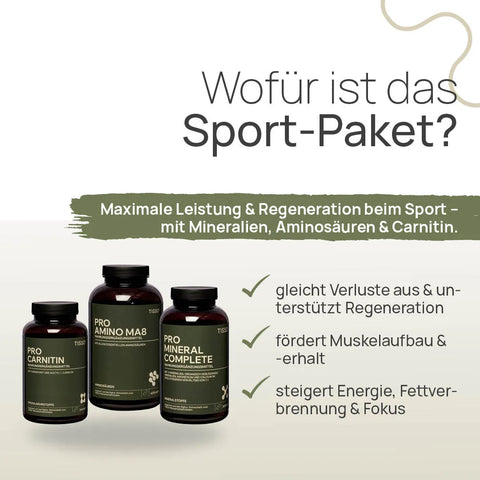 What is the Sports package for? Maximum performance and recovery during exercise—with minerals, amino acids, and carnitine: replenishes losses and supports recovery, promotes muscle growth and maintenance, and boosts energy, fat burning, and focus