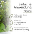 Einfache Anwendung, täglich: Pro Biom Anti-Stress mit dem „Nick-Trick“; Pro EM san pur, mit Wasser oder Saft; Pro Vitamin D3 Öl 1.000: 1 × Tropfen pro Tag
