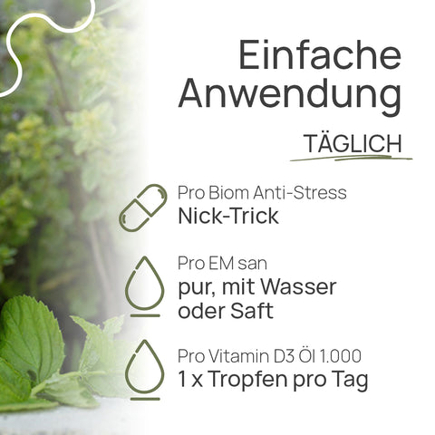 Einfache Anwendung, täglich: Pro Biom Anti-Stress mit dem „Nick-Trick“; Pro EM san pur, mit Wasser oder Saft; Pro Vitamin D3 Öl 1.000: 1 × Tropfen pro Tag