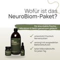 Wofür ist das NeuroBiom-Paket? Für eine stabile Psyche – Mikrobiom und Gehirn gemeinsam gedacht: unterstützt Psyche und Nervensystem, versorgt mit ausgewählten Bakterienkulturen, liefert Mikronährstoffe für jeden Tag