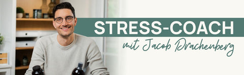 Banner „Stress-Coach mit Jacob Drachenberg“ mit einem Foto von Jacob Drachenberg