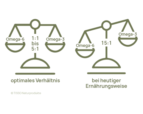 Image showing two scales: The optimal ratio of omega-6 to omega-3 is 1:1 to 5:1; in today’s diet, it is 15:1