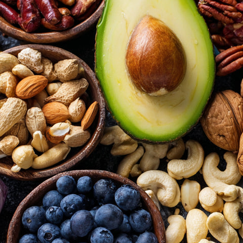 Schalen mit Nüssen, Blaubeeren, Bohnen und einer halbierten Avocado; Bildhinweis: KI-gestützter Inhalt
