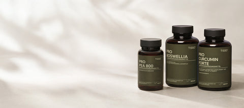 Drei dunkle Dosen von TISSO Naturprodukte – Pro PEA 800, Pro Boswellia und Pro Curcumin Forte – stehen nebeneinander auf einem hellen Untergrund mit sanftem Schattenspiel