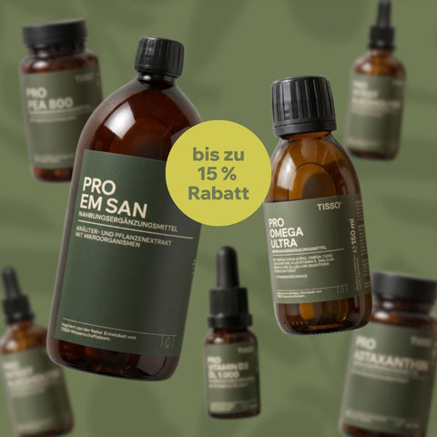 Various TISSO dietary supplements—including Pro EM san and Pro Omega Ultra—float against a green background, in the center of which is a yellow circle with the text “up to 15% off.”