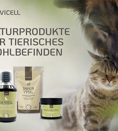 PROVICELL ad: A dog and a cat are snuggling together, with the products EM Vital, Immun Vital, and Probiotic Vital in the foreground, accompanied by the text “Natural products for animal well-being”