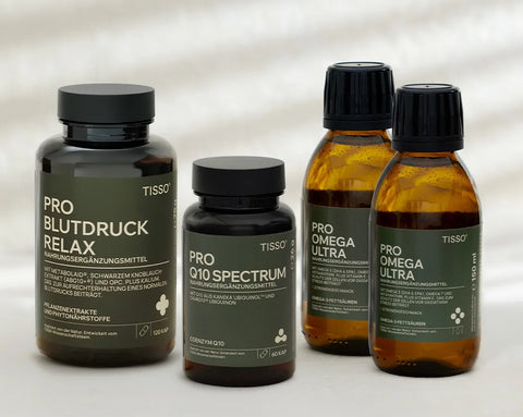 TISSO Herz-Kreislauf-Paket mit Pro Blutdruck Relax, Pro Q10 Spectrum und Pro Omega Ultra zur Unterstützung von Herz und Blutdruck.
