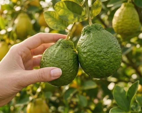 Eine Hand berührt zwei grüne, unebene Zitrusfrüchte an einem Ast in einem sonnigen Garten; Bildhinweis: KI-gestützter Inhalt