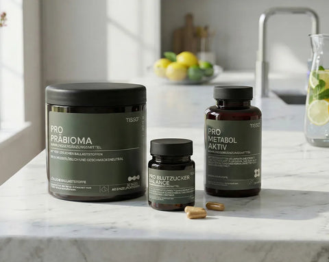 Drei TISSO-Produktdosen (Pro Präbioma, Pro Blutzucker Balance und Pro Metabol Aktiv) stehen auf einer hellen Marmor-Küchenzeile neben einer Karaffe mit frischem Zitronenwasser; Bildhinweis: KI-gestützter Inhalt