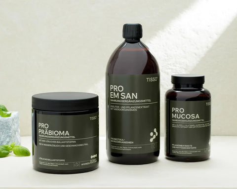 Die drei Produkte der Probiotika-Darmkur Original nebeneinander: Pro Präbioma, Pro EM san und Pro Mucosa