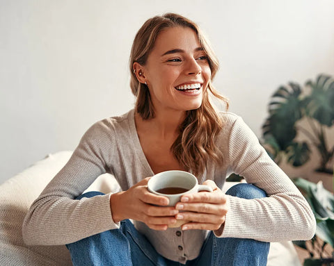 Lachende Frau mit Tee in der Hand sitzt auf dem Sofa
